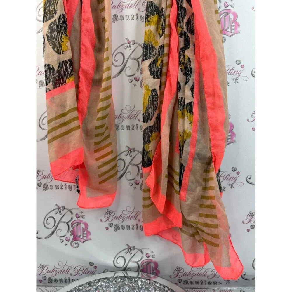 DKNY scarf scarve wrap bright orange Neon Coral and Beige Floral Stripe Scarf